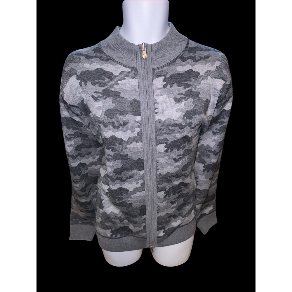 Peter Millar Full Zip Sweater Mens XL Grey Camo Merino Wool Blend Quiet Luxury